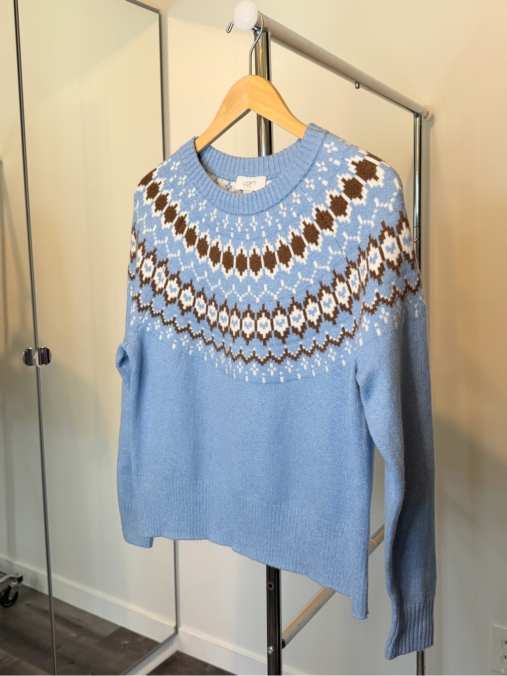 NEW LOFT Fair Isle Crewneck Sweater Sky Blue White Brown Women’s Size S - Picture 3 of 8